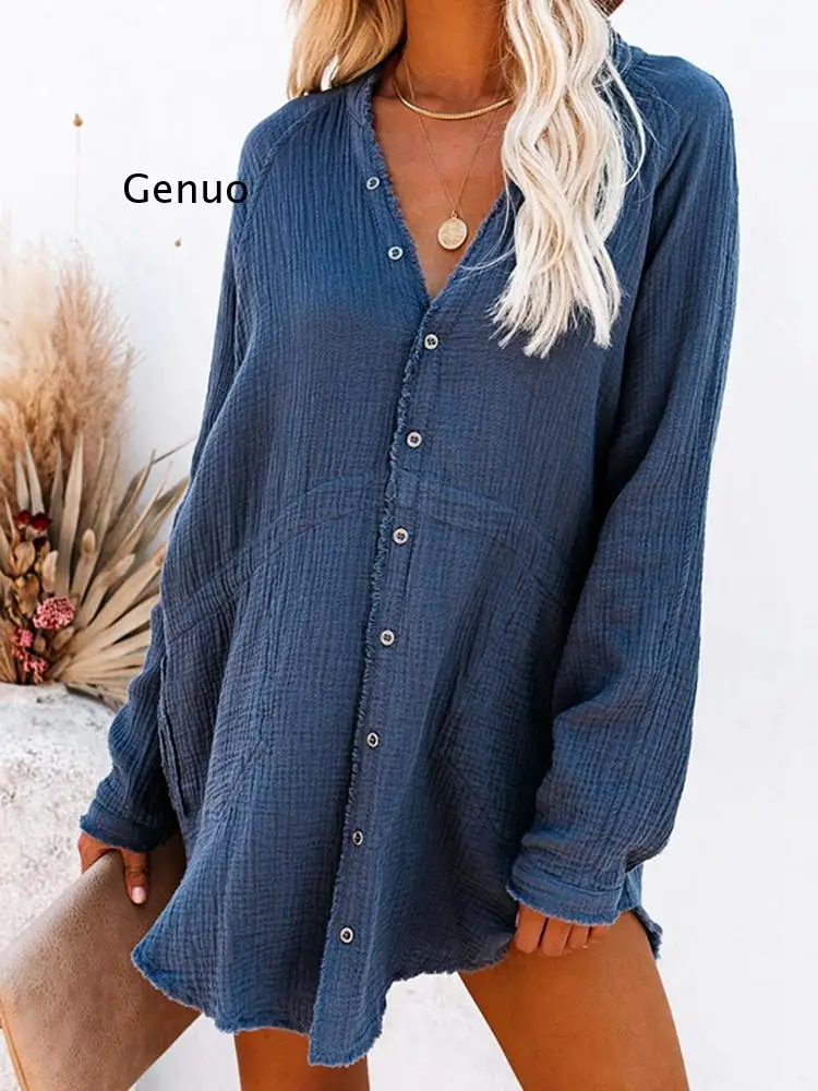 V Neck Loose Women Shirts Long Sleeve Solid Color Blouse Shirt Button Pockets Summer Autumn Women Tops 2021 New Dropshipping