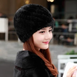 Mink Fur Hat Women Winter Ear Protection Warm Natural Fur Knitted Hat Fluffy Fur Snow Caps Ladies Black Fur Caps Winter Cap