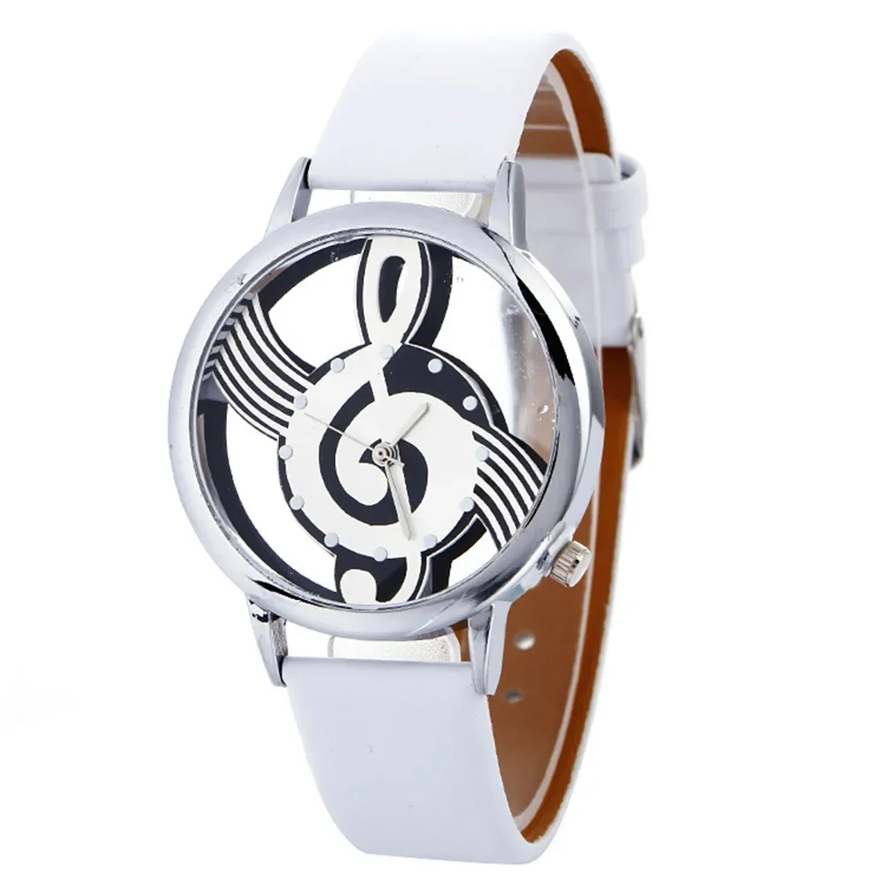 Reloj con forma de música hueca para mujer, esfera redonda, exquisito reloj de pulsera informal de cuero blanco y negro, envío directo