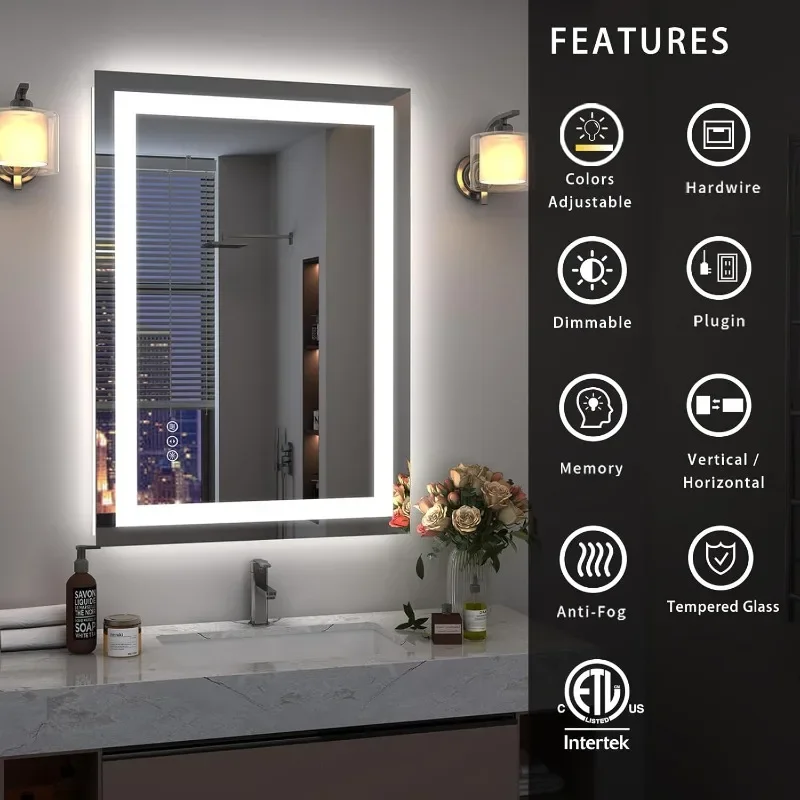 32x 36 Inch LED Mirror for Bathroom, Vanity Mirror with Lights, Dimmable Illuminated Mirror for Wall,