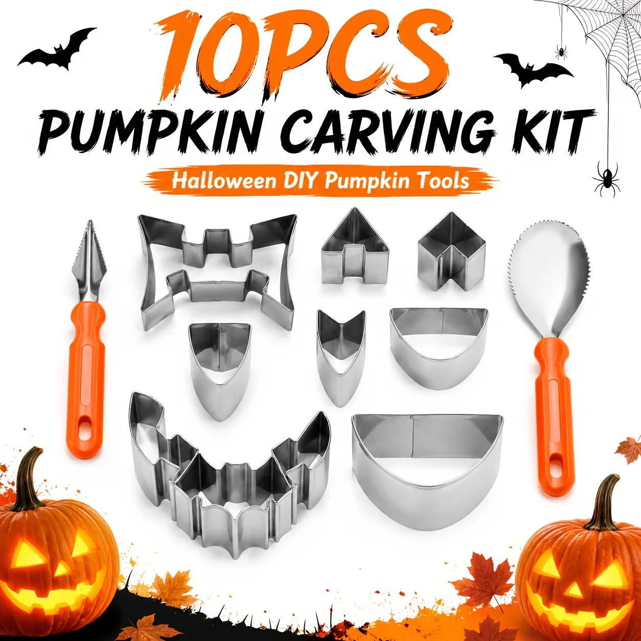 10PCS Halloween Pumpkin Decorating Kit Stainless Steel Pumpkin Face Shape Cutters DIY Jack O Lantern Making Set for Halloween Pa