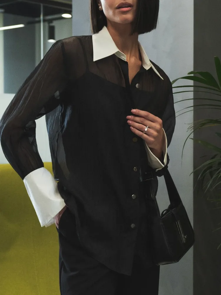 

Bonboho Women's Vintage Split-joint Notched Collar Sheer Single-Breasted Blouse Loose Fit Long Sleeves Office Shirt Tops