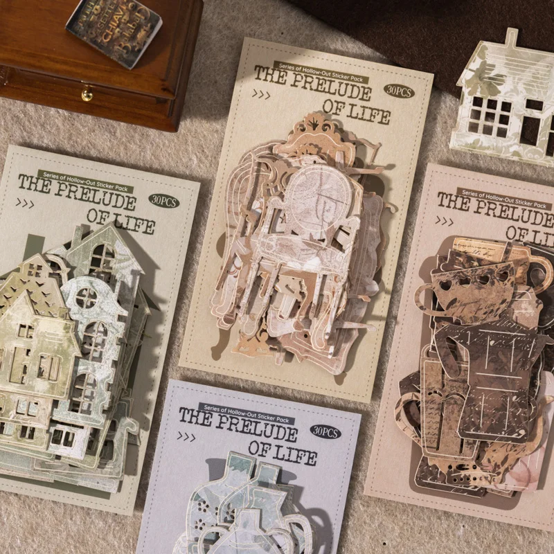 Journal GO 30pcs Prologue of Life Vintage Hollow Out House Coffee Landscape Sticker Creative Journal Material Collage Material