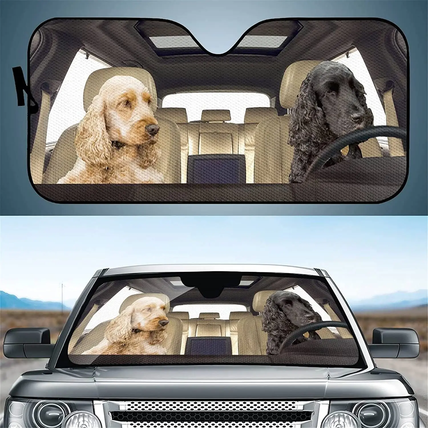 Coloranimal Windshield Sunshade for Car SUV Trucks Funny Family Driving Cocker Spaniel Design Car Sun Visor Shade,Foldable Sun S