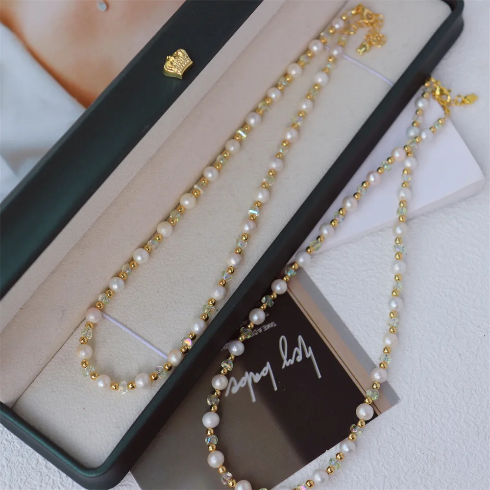 New Minimalist Candy Colored Crystal Freshwater Pearl Necklace with A Light Luxury Temperament, Collarbone Chain for Women