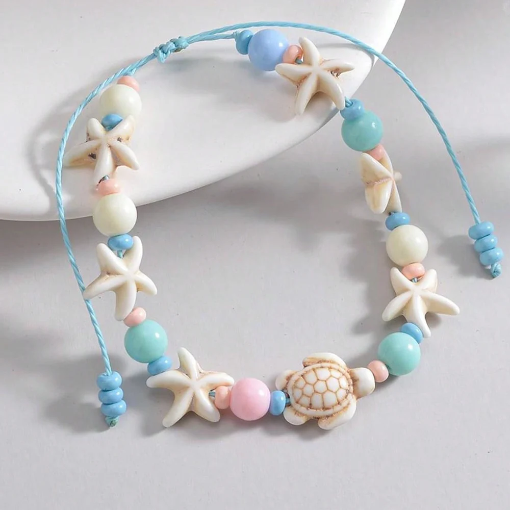 Neon Pink Color Flower Shell String Weaving Handmade Anklet Starfish Shell Turtle Charm Adjustable Anklet Summer Beach Jewelry