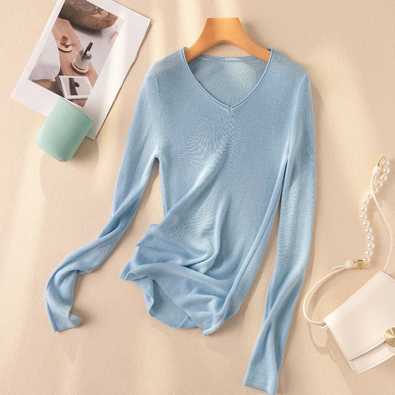 Slim Fit Thin Ribbed Knitted Light Weight V Neck Sweater Women Pullover Jumper