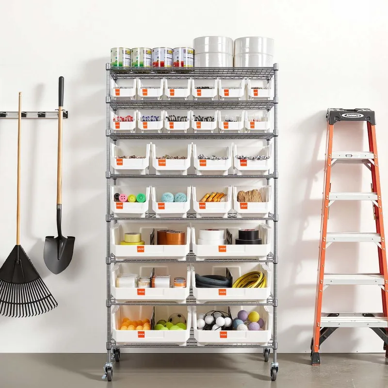 8-Tier Rolling Bin Storage Rack, 26 Organizer Bins, Bin Rack Storage Steel Wire Shelving System with Wheels, Mobile