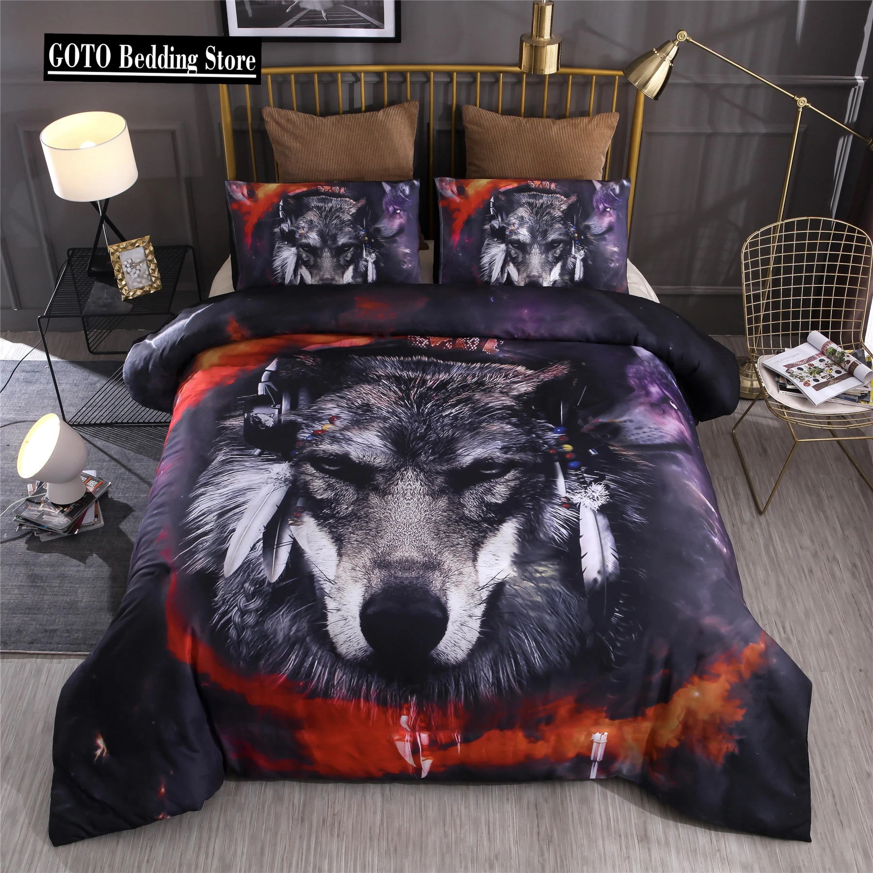 

New 100% Hot Duvet Cover Sets European And American Style Reactive Printing Feather Indian Wolf Bedding Set Double Single B45