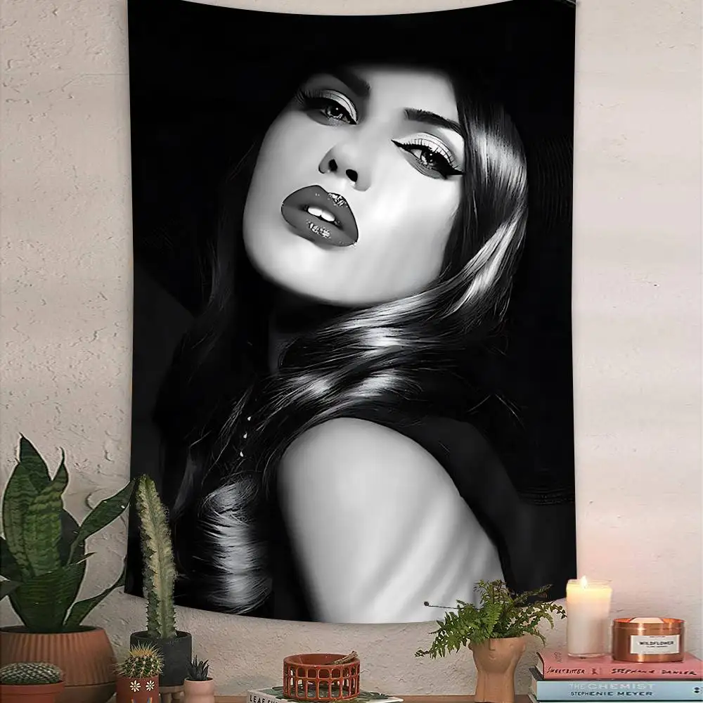 Black and white Caution Beautiful Lady Cartoon Tapestry Art Science Fiction Room Home Decor Wall Hanging Sheets