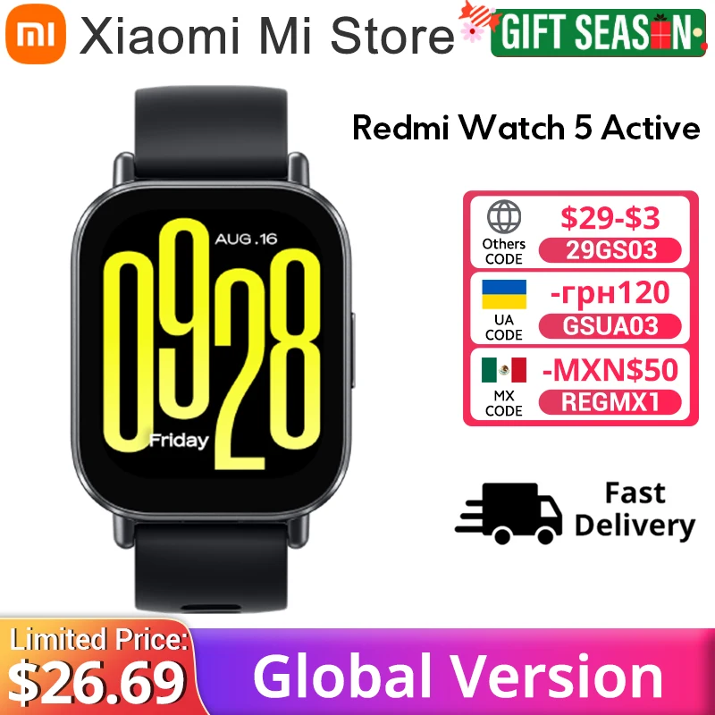 Глобальная версия Xiaomi Redmi Watch 5 Active 2-дюймовый дисплей До 18 дней автономной работы 140+ режимов тренировки Bluetooth-вызов 5 АТМ