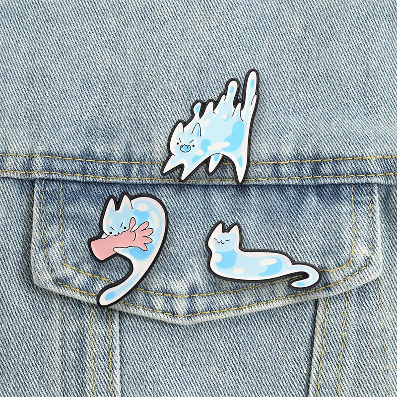 Slime Cat Badges Cute Blue Spotted Cartoon Enamel Pin Funny Melt Kitten Backpack Brooch Kawaii Animal Accessories