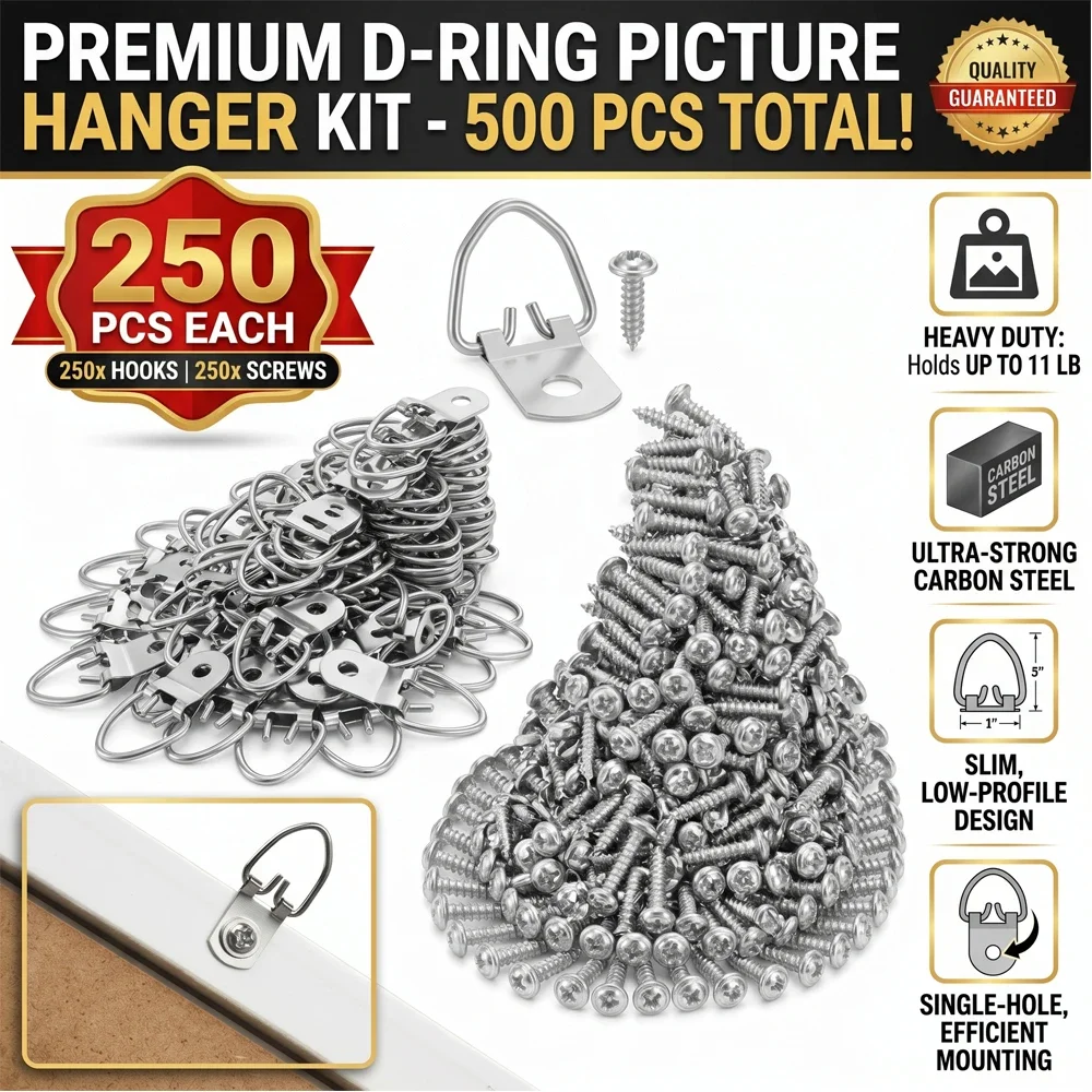 D Ring Picture Hangers 250pcs Heavy Duty Carbon Steel Picture Frame Hooks with Screws Hidden Hanging Hardware Kit for Photo Canv