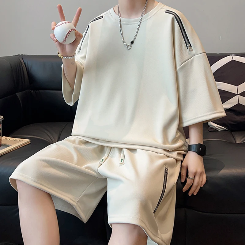 Oversized Tracksuit Men New Korean High Street Fashion Zipper Design T-shirt Shorts Two Pieces Sets Mens Streetwear Men Clothes