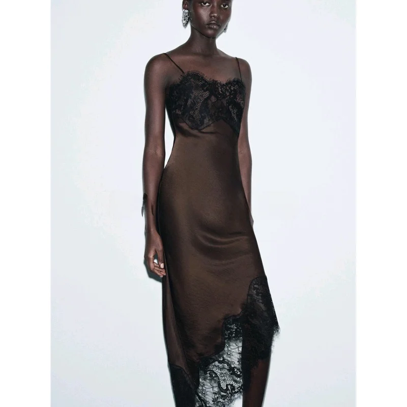 Asymmetric Color Blo Lace Trim Silk Satin Feel Dr Women's Faion Commute Sle No Sve round Ne Bodycon Dr