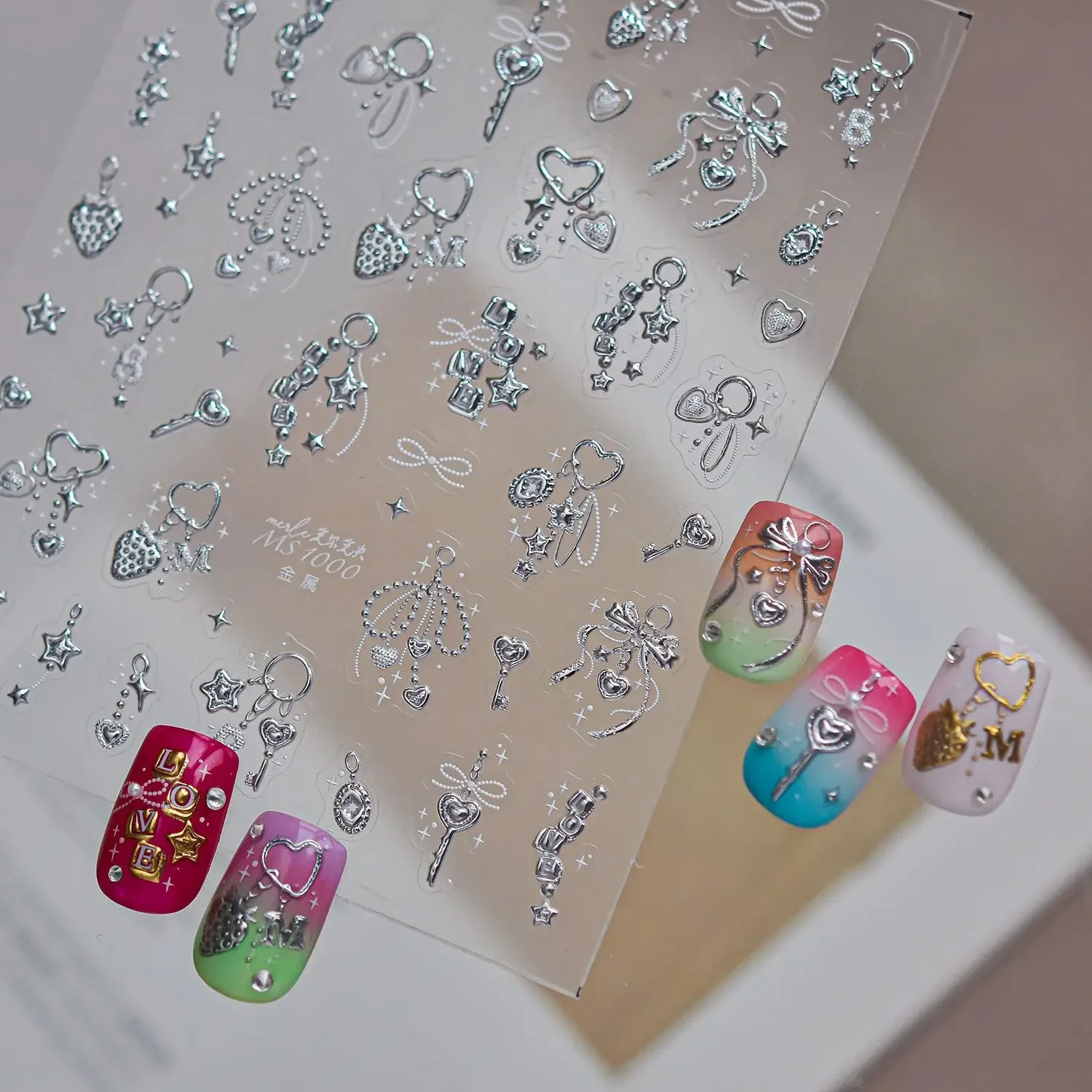 Hot Silver Gold Stamping Bowknot Metal Ribbon Heart Cross Gun 5D Nail Stickers Pearl Chain Bow Decal Nail Manicure Decor Decals
