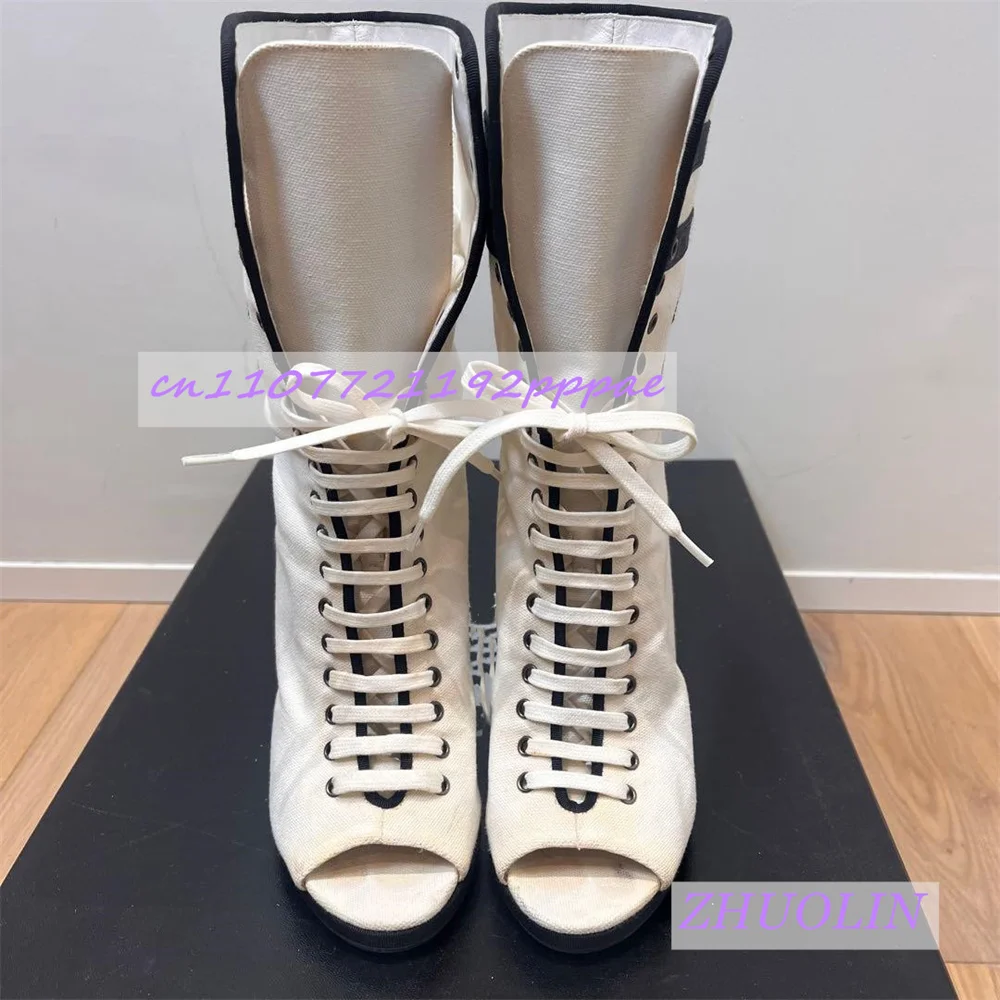

Women'S White Cotton Linen Wedge Boots, Luxury Black & White Striped Cross Lace-Up Open Toe Boots T-Stage Show Straight Boots