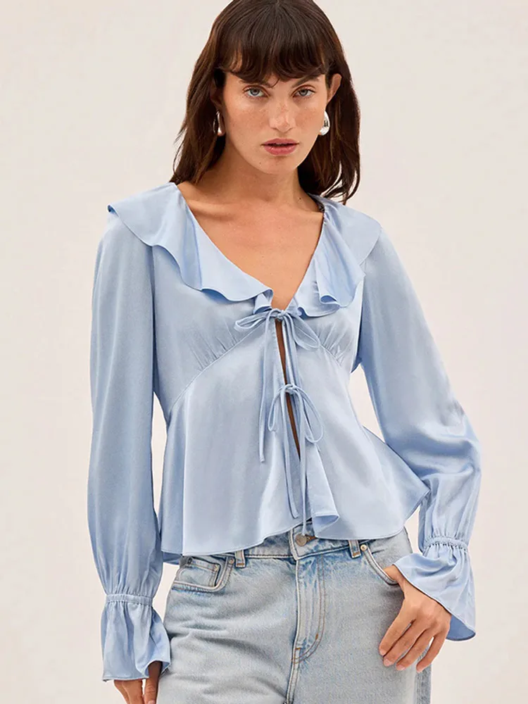 Bule Lace Oversized Chiffon Blouse Lapel Collar Women's Casual Long Sleeve Shirt 2025 Autumn High Street Fashion Pullovers