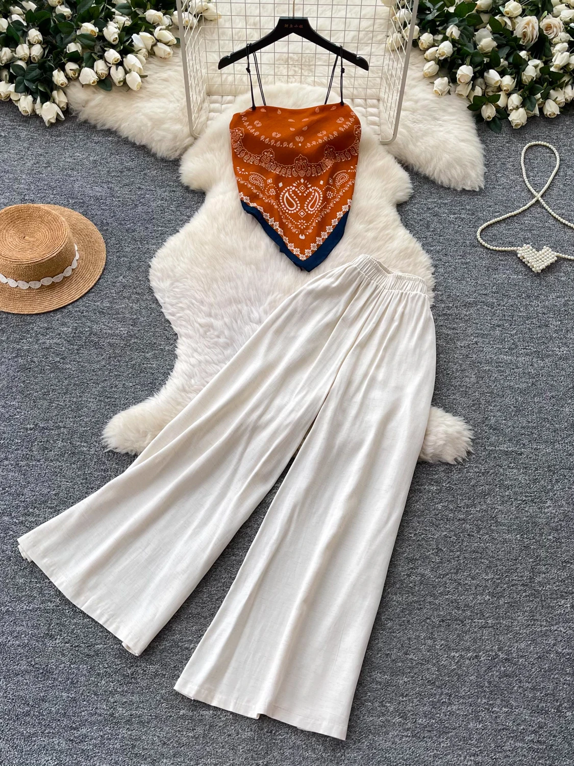 

Korean Style Commute Vest Wide Leg Pants Women's Summer Slimming Two Piece Set Fashionable Work Outfit High Waist Design