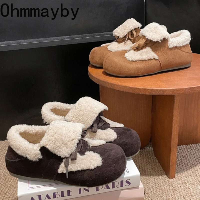 

Vintage Fur Lining Women Loafer Flats Shoes Concise Round Toe Slip On Snow Shoes Autumn Winter Comfort Warm Cotton Ladies Shoes