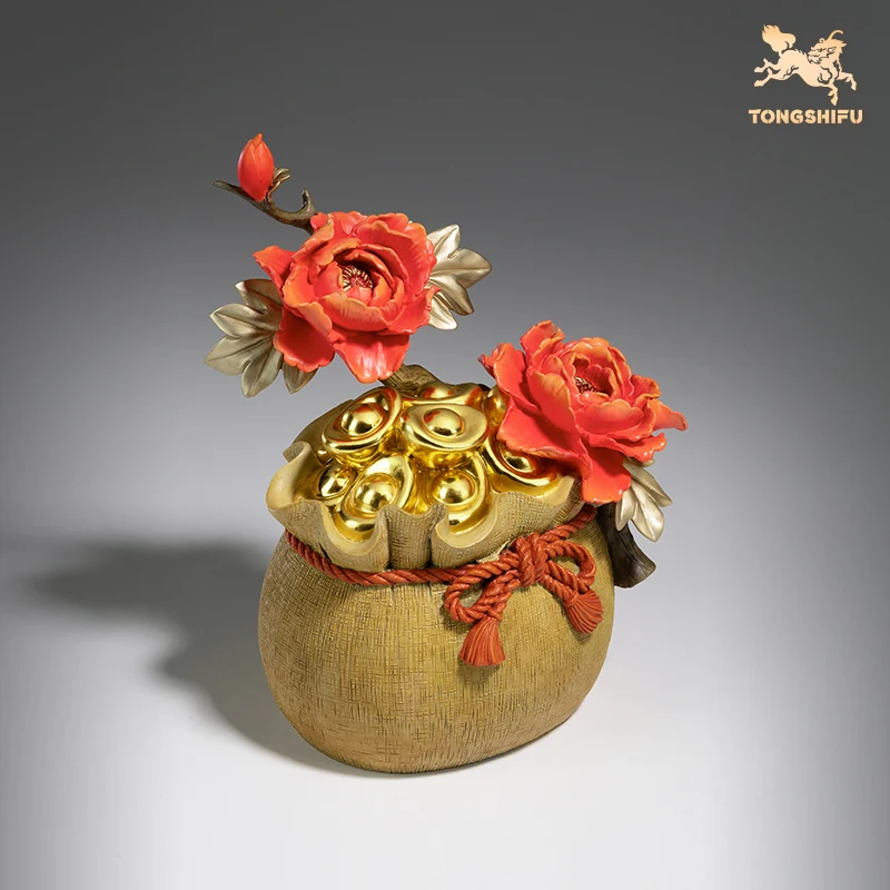 

Copper Handicrafts Home Mascot Ornaments Peonies and Ingots Figure for Living Room Foyer Decorations Housewarming Gifts