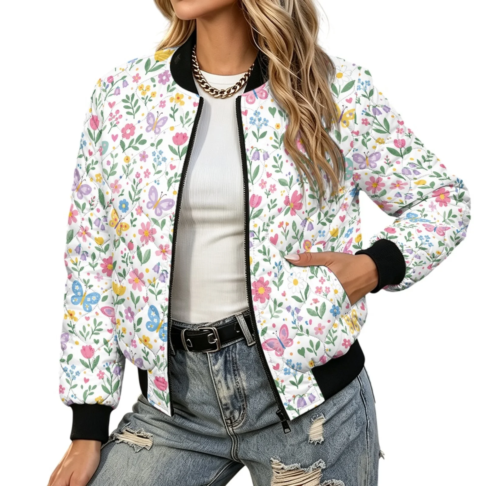 PENSTROLL Floral Butterfly Ladies Quilted Padded Short Bomber Jacket with Pockets Water-Resistant Quilted Jackets for Fall
