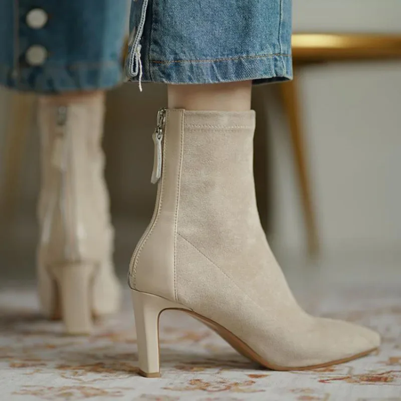 High Heel Suede Boots Women's Korean Style Autumn and Winter Mid Heel Stretch Thin Boots Pointed Toe Back Zip Sock Boots Women