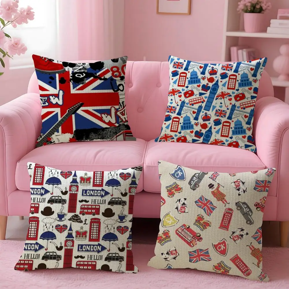 LOVE England Printed Cushion Cover Natural Linen Organic Fabric Double-Sided Printing Sofa Home Decor Gift Pillow Case