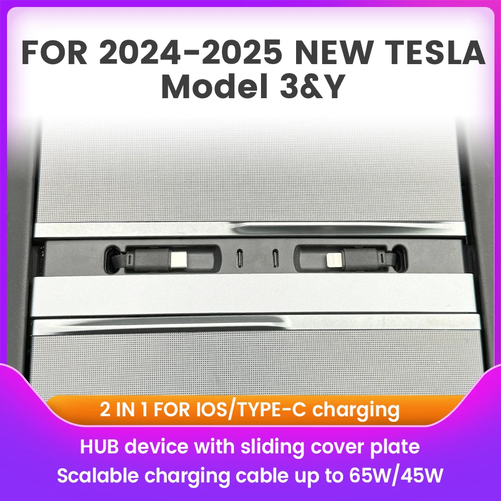 

For New Tesla Model 3 Model Y 2024 2025 Armrest box expansion dock 2 in 1 For IOS / TYPE-C Fast charging 65W / 45W HUB device