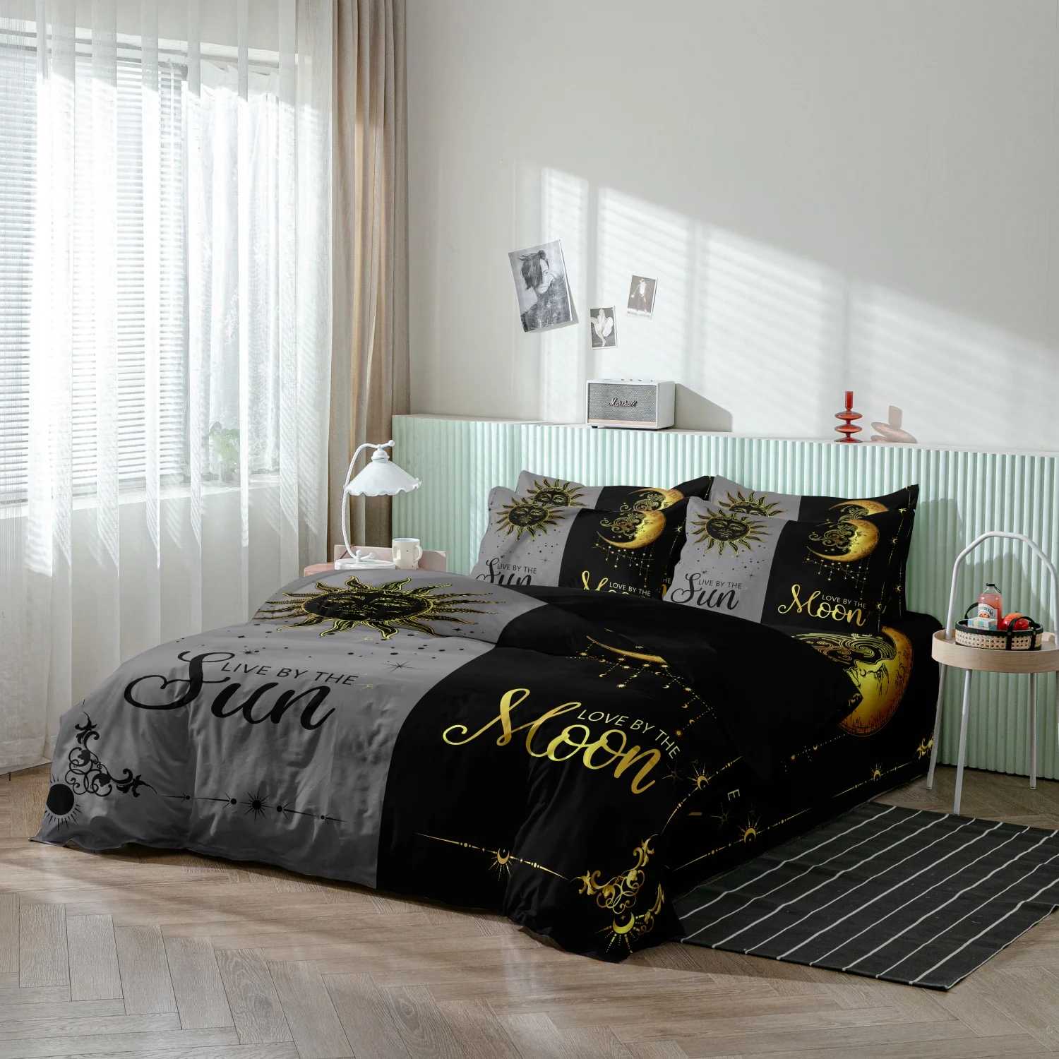 3 Pieces Split Grey Black Sun Moon Celestial Print Couple Duvet Cover Bedding Set, Sun Moon Golden Star Bohemia Pattern Bedding