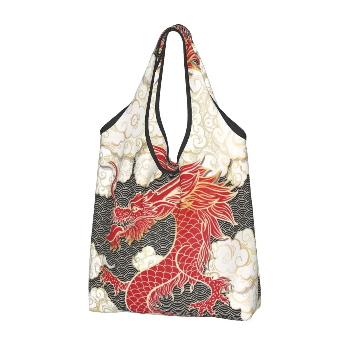 Kawaii Printed Red Dragon Totem Pattern Shopping Tote Bag Portable Shoulder Shopper Tradition Asian Style Handbag