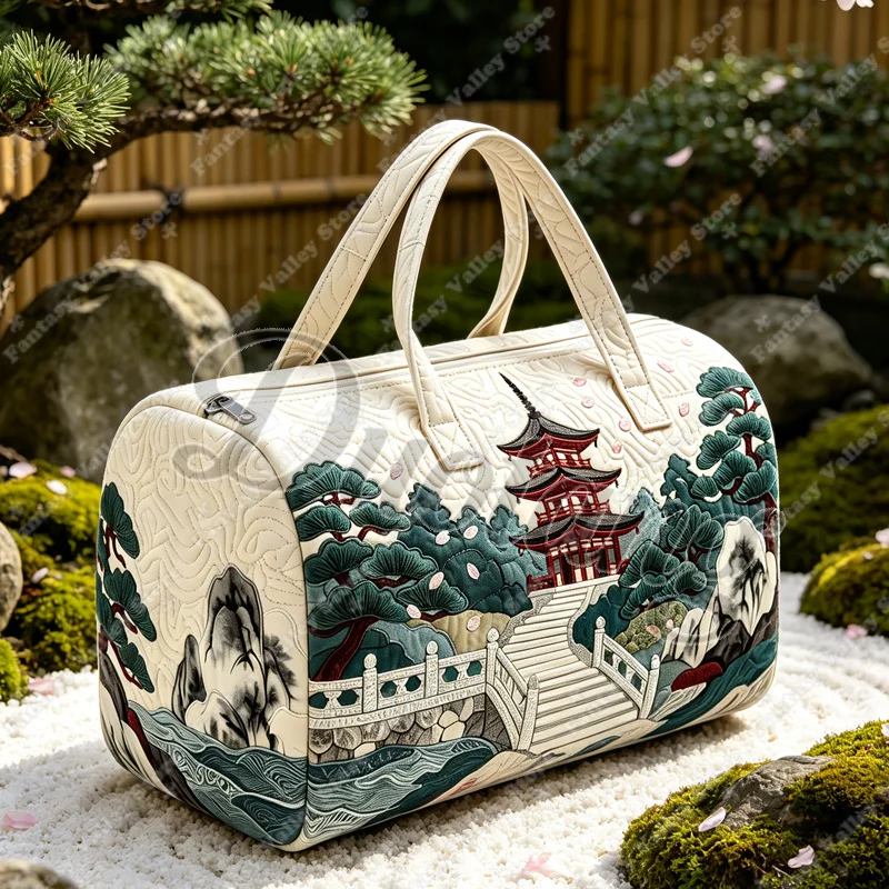 Cherry Blossom Pagoda Pine Tree Print Handbag for Travel Sport 2D Flat Quilted Fitness Yoga Bag Women Duffle Totes Shoes Holder