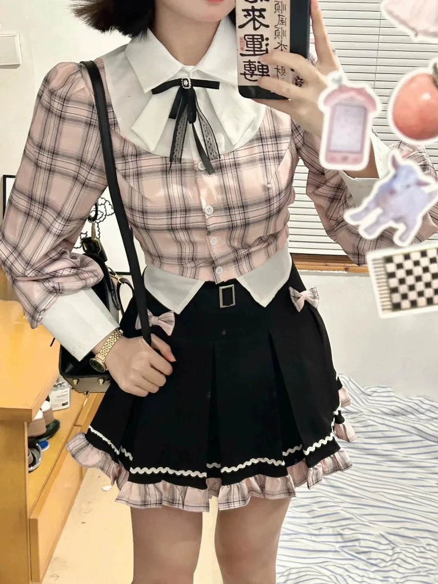 College Fake Two Pieces Students Y2k Plaid Shirts Girl Fashion JK Bow High Waist Slim-Fit Elegant Mini Skirt Women Skirt Sets