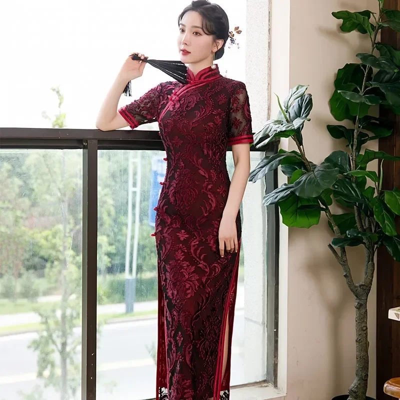 

Plus Size Traditional Chinese Female Long Qipao Sexy Velvet Hollow Out Cheongsam Classic Dress Elegant Vestidos Oriental Costume