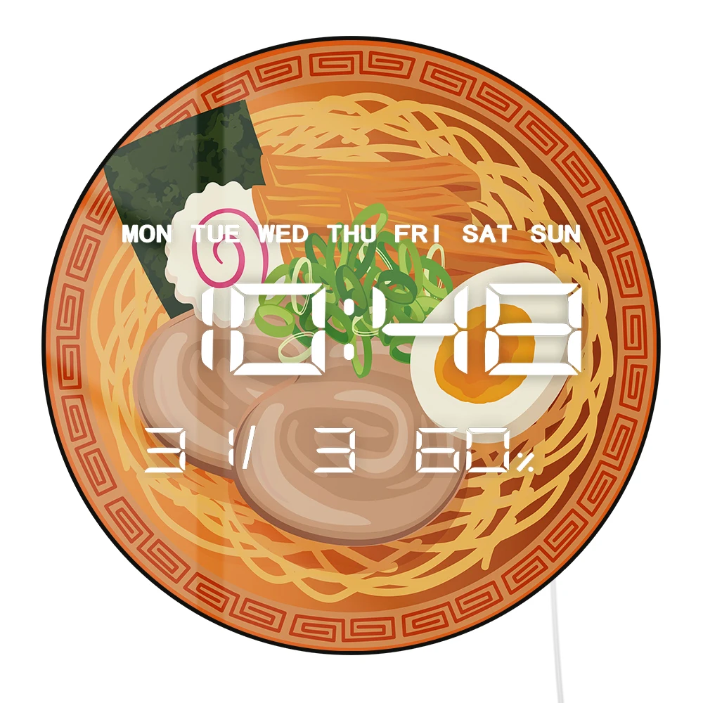 Japanese Ramen Noodles Electric Wall Clock with Temperature Humidity Date LED Display Digital Calendar for Kitchen Dinning Room
