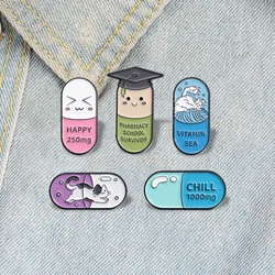 Pharmacy School Survivor Enamel Pins Custom Cat Happy Chill Pill Brooch Lapel Badges Cartoon Funny Jewelry Gift for Kids Friends