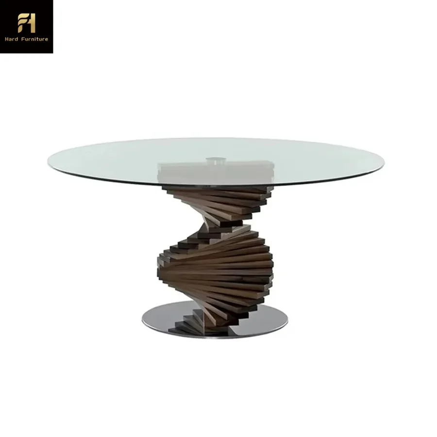 New Nordic Style Black Clear Glass Round End Side Table Optical Illusion Spiral Sculpture Base Solid Wood Dining Table