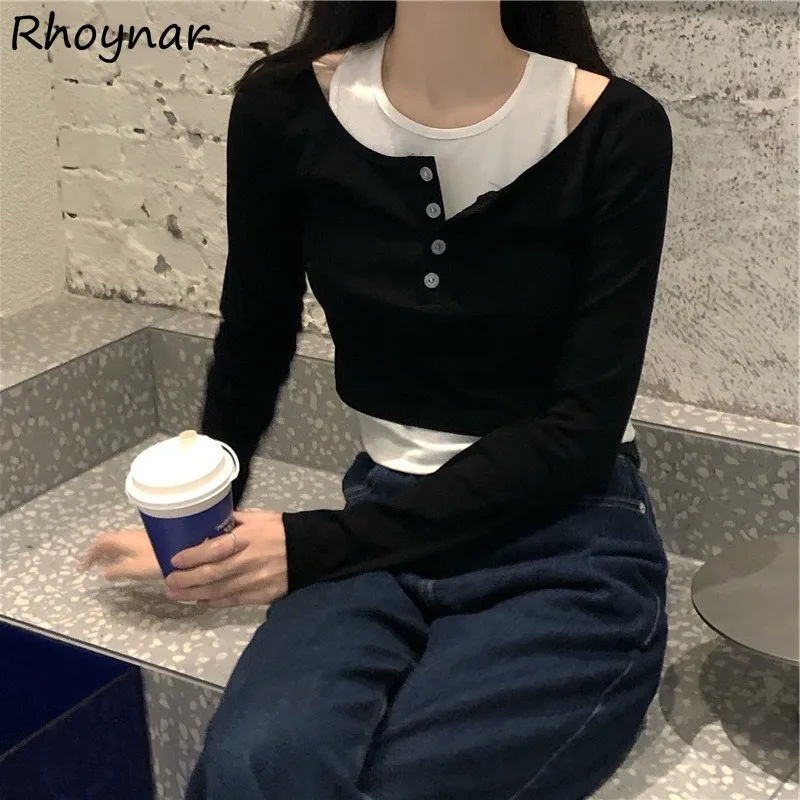 Fake 2pcs Women Autumn Clothing Temperament Patchwork Panelled Slim Fit Tops Fashion Trendy Casual Simple All-match Female Cozy