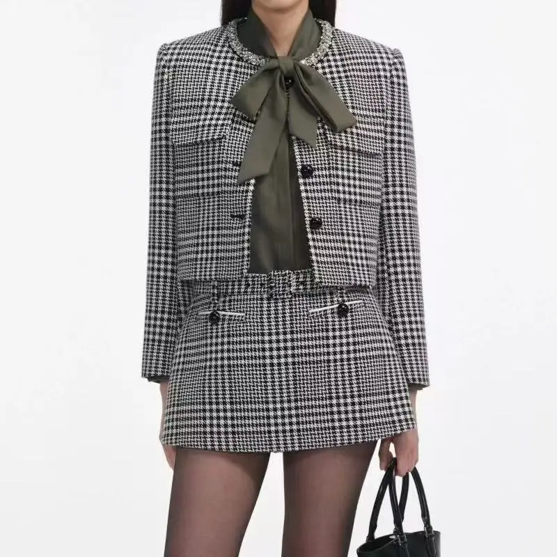 

Ladies' Xiaoxiang style jacket half skirt set, nail bead round neck long sleeved jacket, shorts and pants skirt, 2025, new style