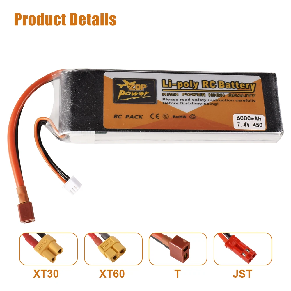 Tプラグ付きLiPoバッテリー,RCカーボートfpvクワッドコプター,9imod 2s,7.4v,650-6000mah,25c-75c,xt30 xt60