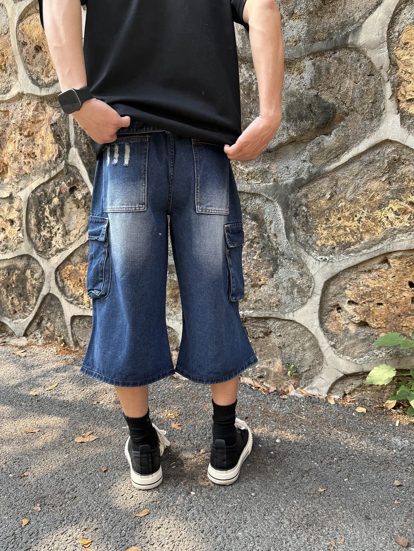 

Summer Loose Multi-Pocket Denim Shorts Casual Jeans Men's Capri Pants Ankle Length Blue Straight Leg Work Clothes Denim Shorts