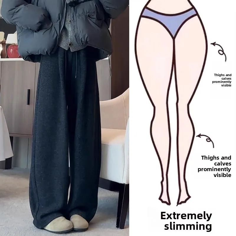 

Gray Woolen Wide Leg Pants Loose Lazy Style Women's Autumn Winter plus Size Thickened Fleece High Waist Knife Pants