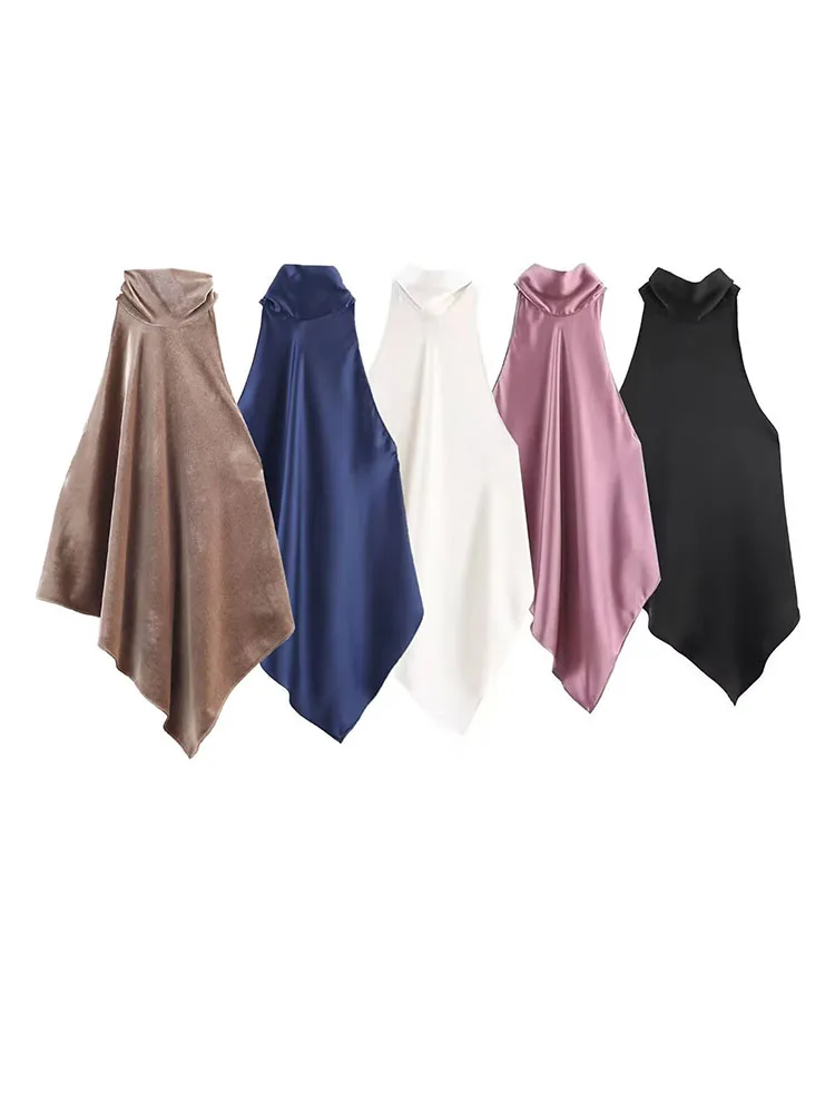 

HH Women Fashion Vintage Silk Satin Texture Asymmetric Halter Neck Collar Top Female Sexy Backless Slim Bow Decorated Short Top