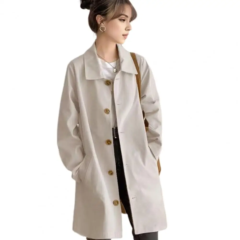 Lady Solid Color Overcoat Stylish Women's Windbreaker Jacket with Turn-down Collar Button-down Closure Pockets Mid for Outdoor