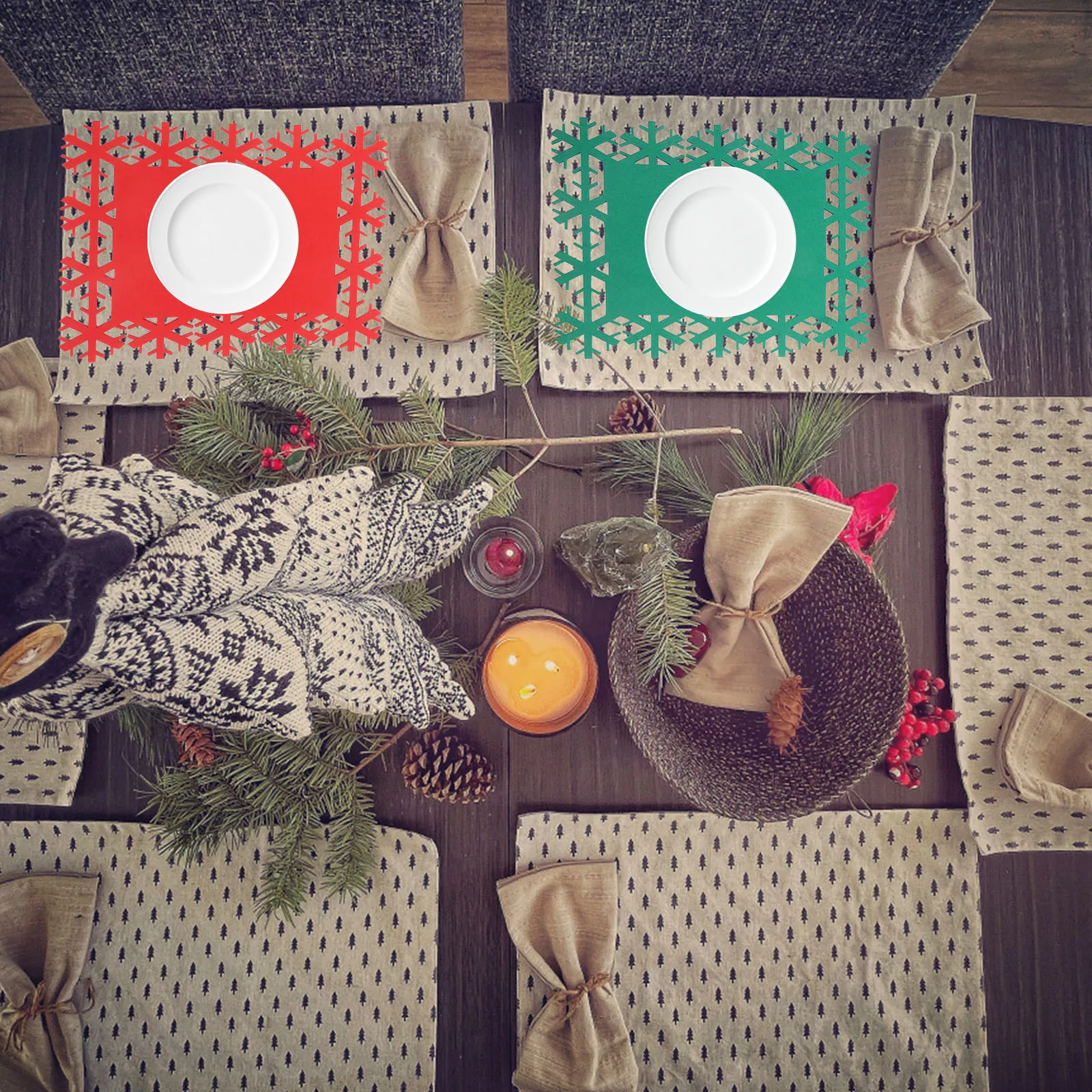 

24Pcs Snowflake Christmas Placemat Felt Dining Table Mat Reusable Heat Resistant Anti-Slip Home Cafe Party Decoration Supplies