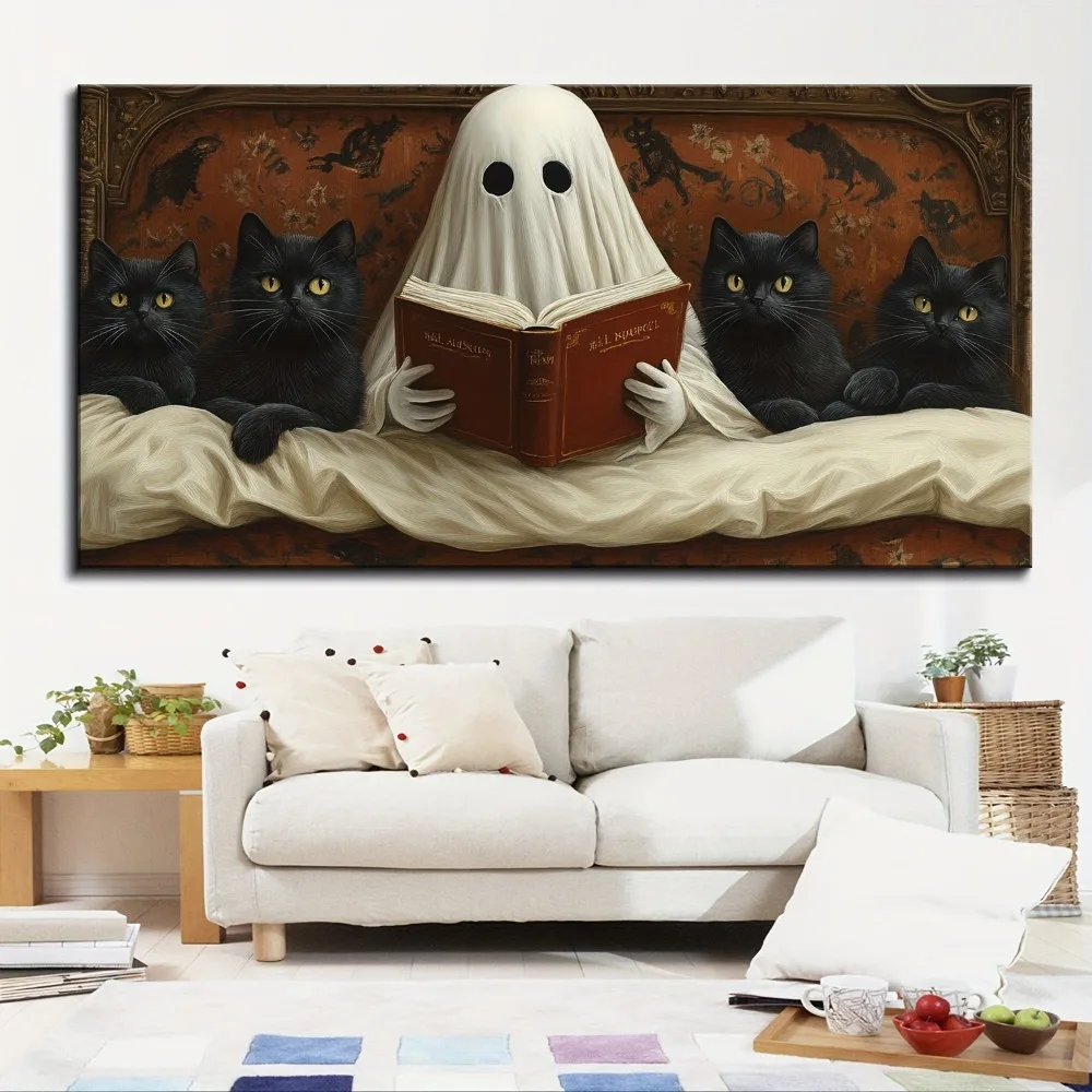 إطار من خشب الصنوبر الصلب بسمك 1.5 بوصة، لوحة قماشية، قراءة شبح في السرير، ديكور جدار الهالوين المخيف #2