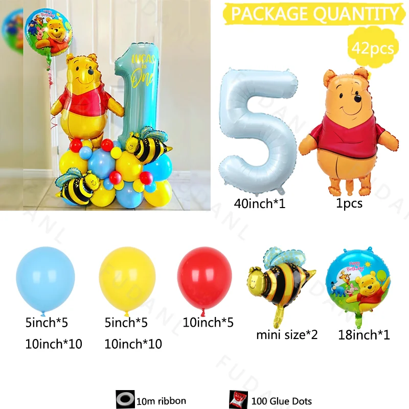 42 pièces Disney Winnie l'ourson thème bleu feuille numéro ballons mignon abeille enfants joyeux anniversaire fête Decos fournitures bébé douche cadeaux