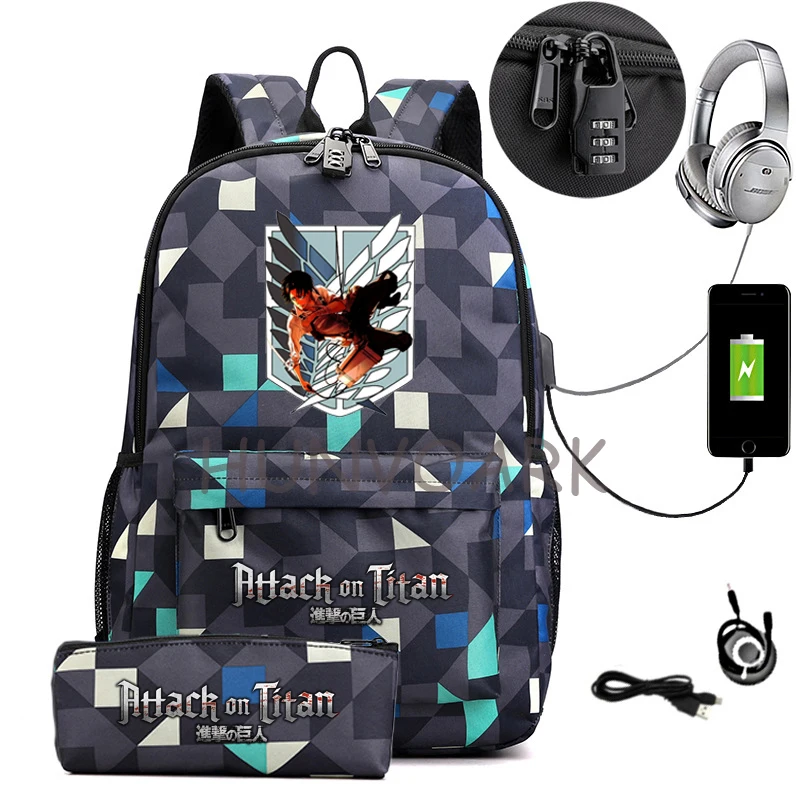 2pcs Attack on Titan Backpack USB Charge Waterproof Laptop Schoolbag For Teens Daypack High School Book Bag Mochilas