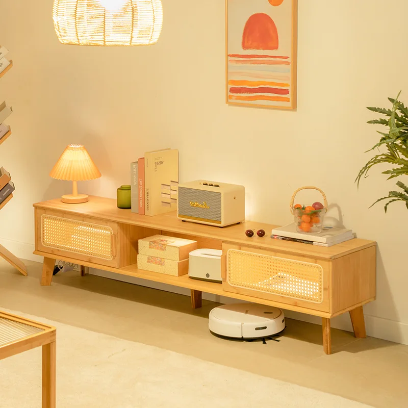 Japanese TV Cabinet Coffee Table Combination Small Apartment Low Cabinet Living Room Log Wind Rattan Sliding Door Locker Storage