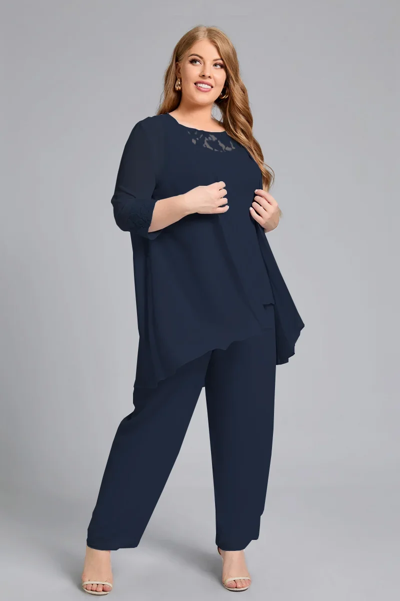 Plus Size Mother of the Bride Mesh Pant Suit tre pezzi Set di pantaloni completi per abiti da sera per gli ospiti di nozze